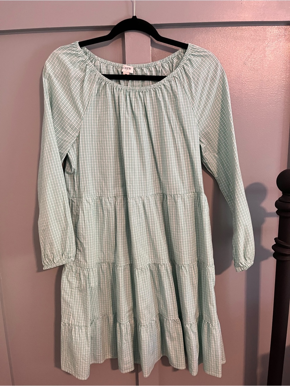 J. Crew Mint Green Gingham Tiered Mini Dress